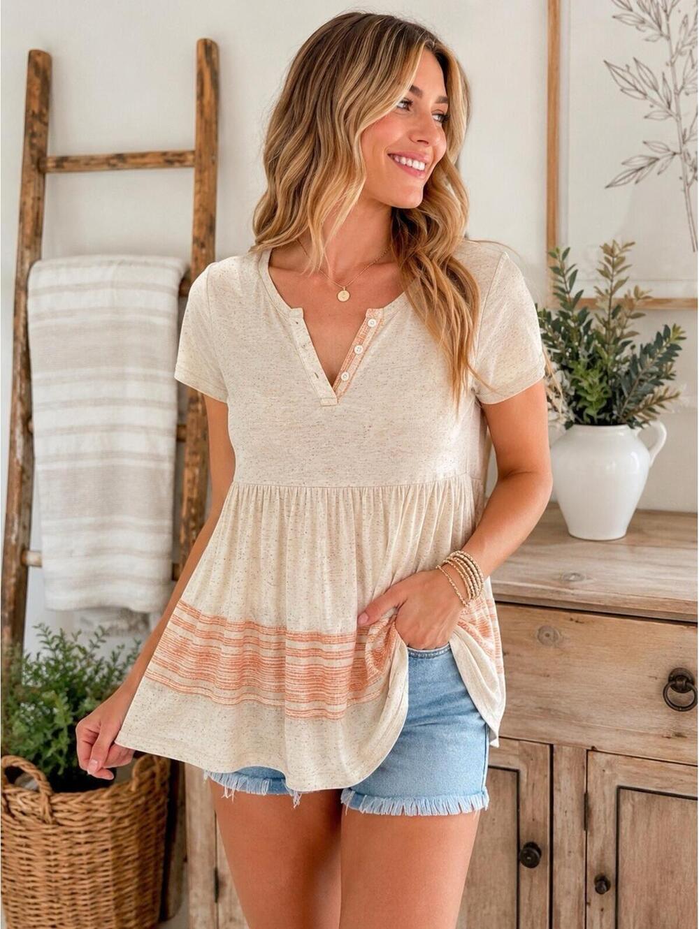 Copper Key Oatmeal Peach Stripe Peplum Top Womens Size XS-Small Short Sleeve